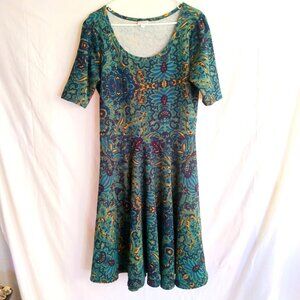 LuLaRoe Teal Abstract Textured Fit & Flare Dress XL Vibrant Boho Art to Wear